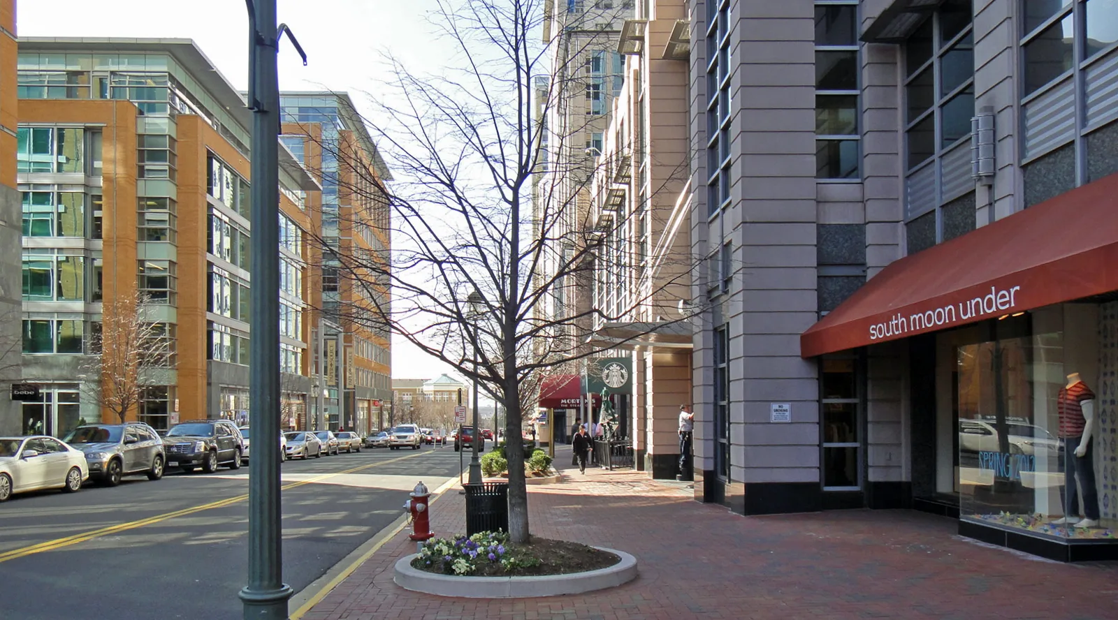 Shops and apartments along Market Street at Reston Town Center