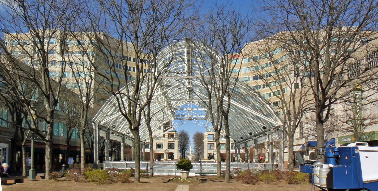 The glass-roofed Pavilion at Reston Town Center, home of the winter ice rink, seen from Market Street.