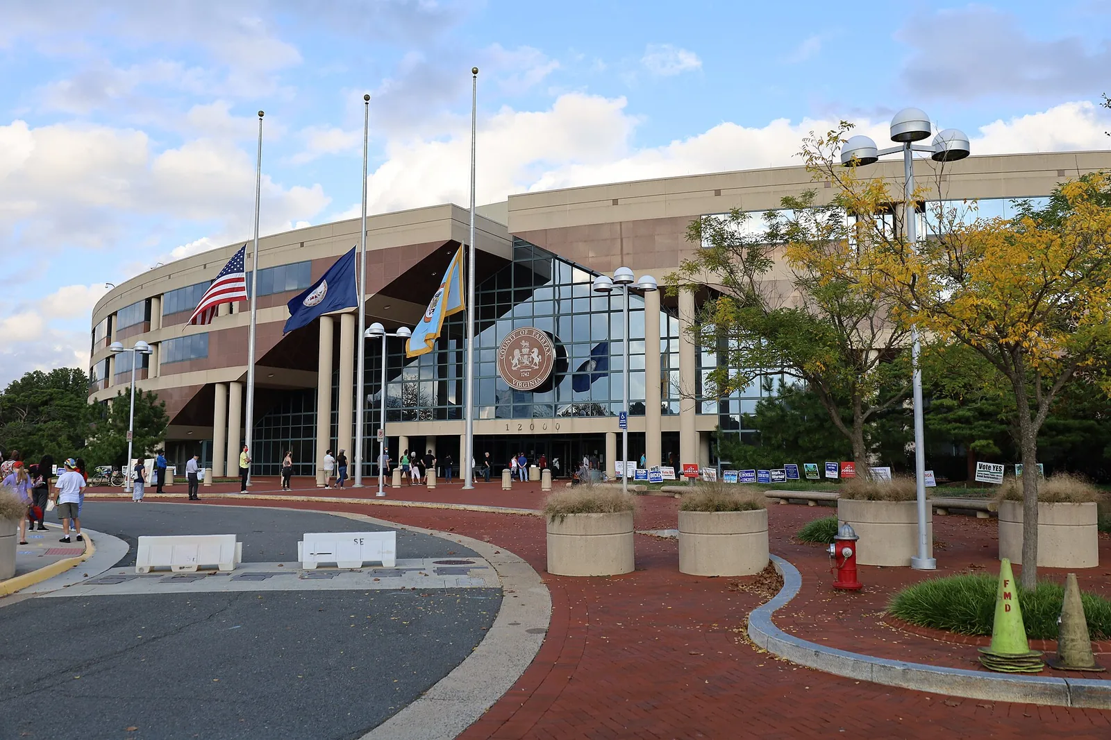 The main entrance of the Fairfax County Government Center in Fairfax, home of the county Office of Elections
